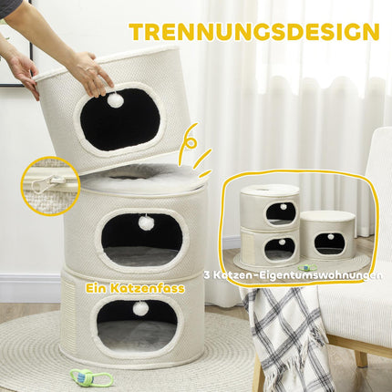 Krabton, 100 cm hoog, kattenton met 3 holten, krabpaal met speelballen, kattentoren van sisal, voor katten tot 6 kg, beige + crèmewit