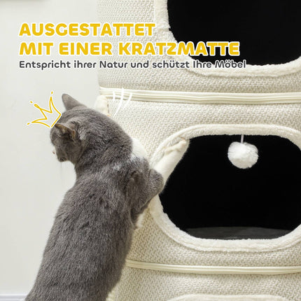 Krabton, 100 cm hoog, kattenton met 3 holten, krabpaal met speelballen, kattentoren van sisal, voor katten tot 6 kg, beige + crèmewit