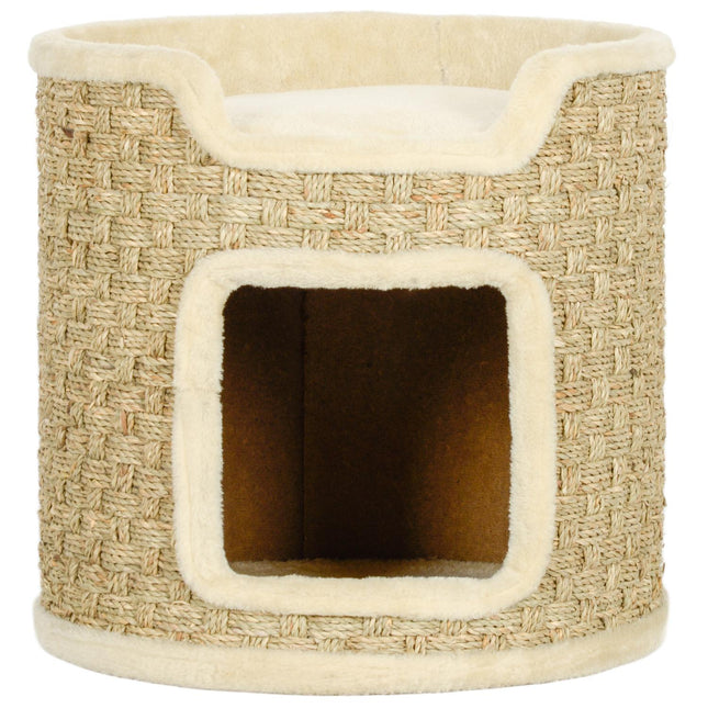 Kočičí věž – sisalový sud 37 cm, dvoupatrová, khaki