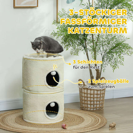 Kratzbaum für dicke Katzen mit Höhlen, 69 cm, Cremeweiß