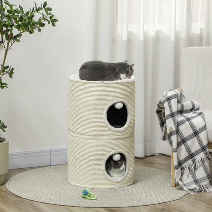 Kratzbaum für dicke Katzen mit Höhlen, 69 cm, Cremeweiß
