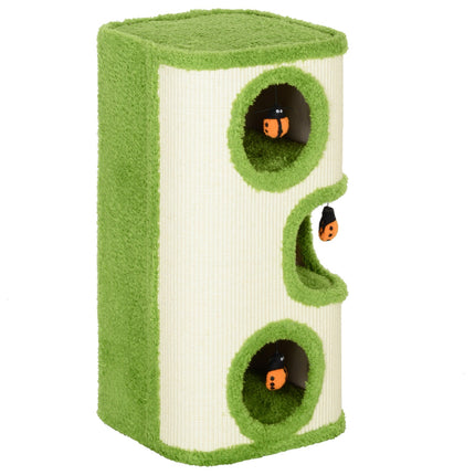Krabton, 76 cm hoog, kattenton met 3 holten, krabpaal met lieveheersbeestjespeelgoed, kattentoren van sisal, voor katten tot 5 kg, groen + crèmewit