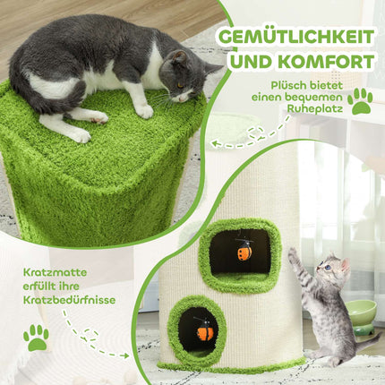 Krabton, 76 cm hoog, kattenton met 3 holten, krabpaal met lieveheersbeestjespeelgoed, kattentoren van sisal, voor katten tot 5 kg, groen + crèmewit