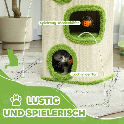 Krabton, 76 cm hoog, kattenton met 3 holten, krabpaal met lieveheersbeestjespeelgoed, kattentoren van sisal, voor katten tot 5 kg, groen + crèmewit