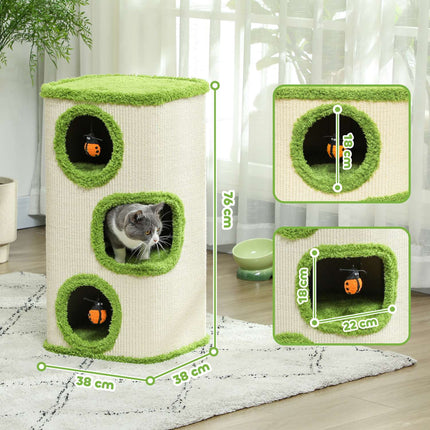 Krabton, 76 cm hoog, kattenton met 3 holten, krabpaal met lieveheersbeestjespeelgoed, kattentoren van sisal, voor katten tot 5 kg, groen + crèmewit