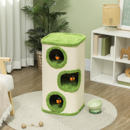 Krabton, 76 cm hoog, kattenton met 3 holten, krabpaal met lieveheersbeestjespeelgoed, kattentoren van sisal, voor katten tot 5 kg, groen + crèmewit
