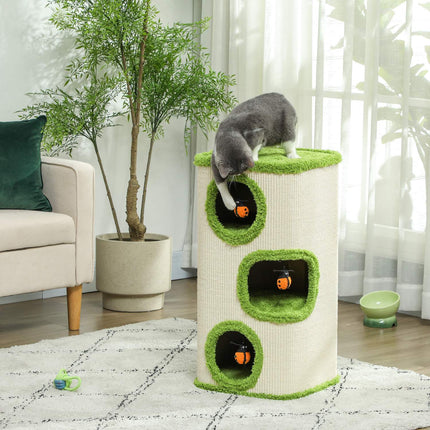 Krabton, 76 cm hoog, kattenton met 3 holten, krabpaal met lieveheersbeestjespeelgoed, kattentoren van sisal, voor katten tot 5 kg, groen + crèmewit