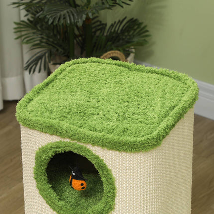 Krabton, 76 cm hoog, kattenton met 3 holten, krabpaal met lieveheersbeestjespeelgoed, kattentoren van sisal, voor katten tot 5 kg, groen + crèmewit
