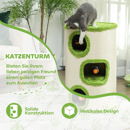 Krabton, 76 cm hoog, kattenton met 3 holten, krabpaal met lieveheersbeestjespeelgoed, kattentoren van sisal, voor katten tot 5 kg, groen + crèmewit