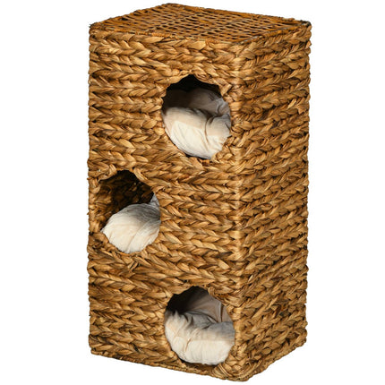 Tonneau à chat, tonneau à chat de 76 cm de haut avec 3 grottes, coussins lavables, griffoir, tour à chat en jacinthe d'eau, marron clair