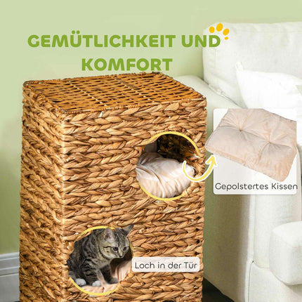 Tonneau à chat, tonneau à chat de 76 cm de haut avec 3 grottes, coussins lavables, griffoir, tour à chat en jacinthe d'eau, marron clair