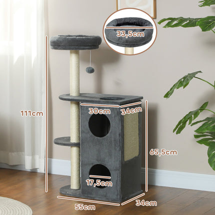 Kočičí strom s domečkem, pelíškem a míčkem - 111 cm, pro kočky do 5 kg, šedá