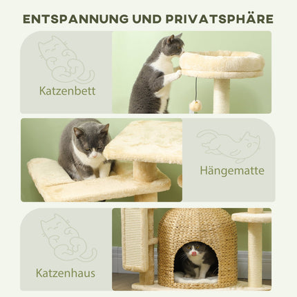 Krabpaal 112 cm krabpaal met kattengrot, bed, speelballen, kattenkrabpaal met sisal krabpalen, voor katten tot 5 kg, beige