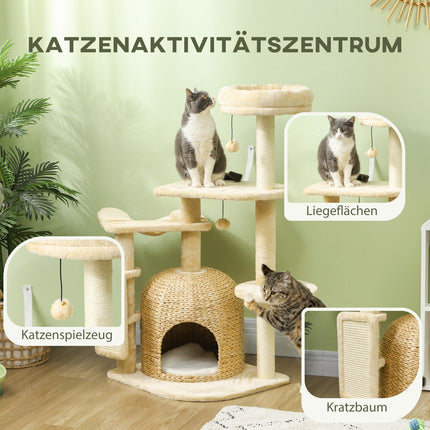 Krabpaal 112 cm krabpaal met kattengrot, bed, speelballen, kattenkrabpaal met sisal krabpalen, voor katten tot 5 kg, beige