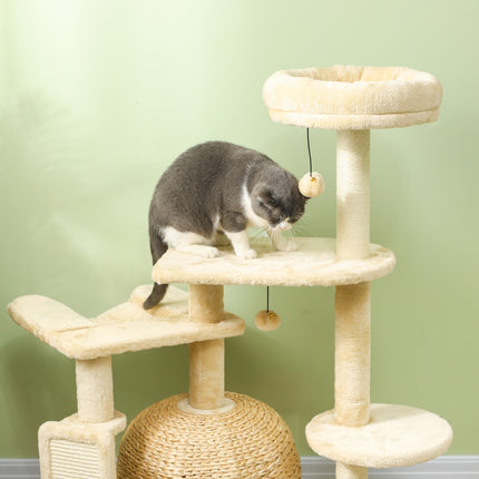 Krabpaal 112 cm krabpaal met kattengrot, bed, speelballen, kattenkrabpaal met sisal krabpalen, voor katten tot 5 kg, beige
