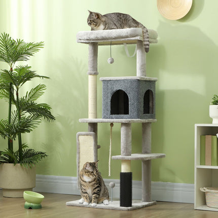 Kočičí strom s domečkem, sisalovými sloupy a hracím míčkem, 132 cm