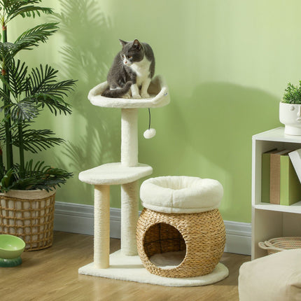 Katzenkratzbaum mit Höhle und Liegeflächen, Kratzsäulen, creme, bis 5 kg
