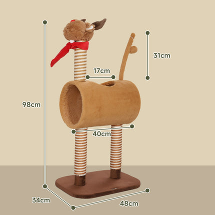 Škrabadlo 98 cm kočičí věž v designu jelena, s jeskyní, hracím míčkem, jutovými kmeny hnědá