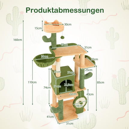 Kratzbaum Kaktus 160cm Katzenbaum mit Katzenhöhle Katzenkratzbaum Spielbaum Holz
