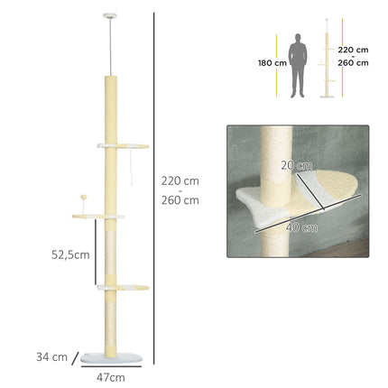 Nastavitelné kočičí škrabadlo s hracím míčkem, 220-260 cm