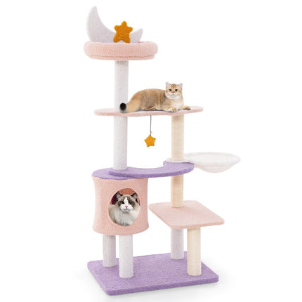 Kratzbaum Katzenbaum mit Katzenhöhle &amp; Hängematte &amp; Spielzeug Lila + Rosa 59 x 49 x 140 cm