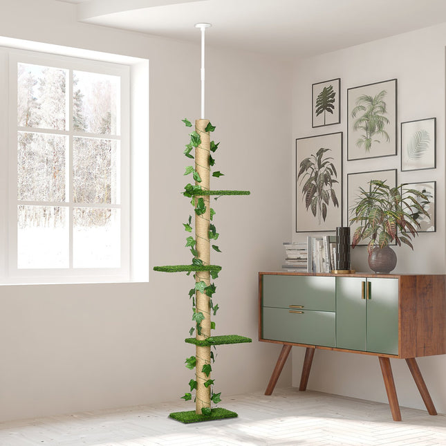 Verstellbarer Katzenbaum aus Jute, Deckenhöhe 202-242 cm, grün/gelb
