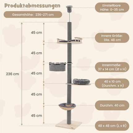 Scratching post ceiling high 236-271 cm from floor to ceiling cat furniture wood gray