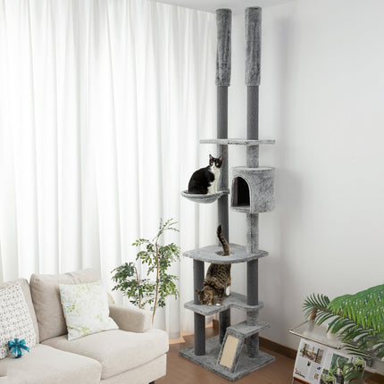 Hoher Katzenkratzbaum mit Höhle, Korb und Spielball, grau