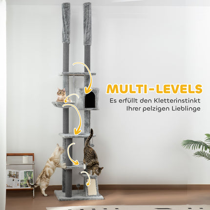 Hoher Katzenkratzbaum mit Höhle, Korb und Spielball, grau