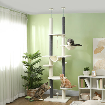 Kočičí strom až ke stropu, 225-255 cm, s houpacími sítěmi a košíky