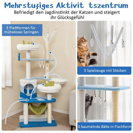 Kratzbaum im Meeresmotiv mit Sisalstämmen &amp; Katzenhöhle &amp; Sitzgelegenheiten &amp; Hängematte blau