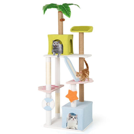 Arbre à chat avec griffoir en forme de plage, 2 maisons pour chats et plateforme d'observation, tour à chat et arbre à chat