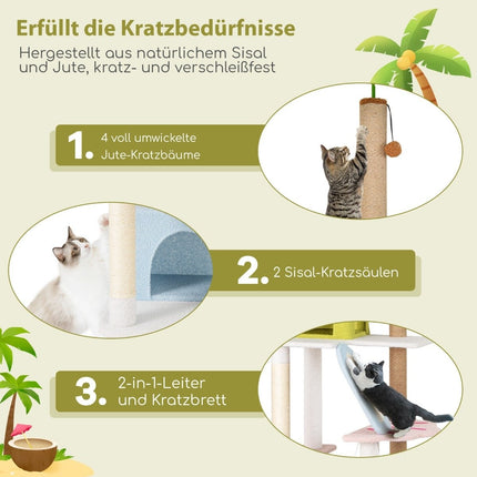 Arbre à chat avec griffoir en forme de plage, 2 maisons pour chats et plateforme d'observation, tour à chat et arbre à chat