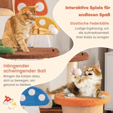 Kratzbaum in Pilzoptik Katzenbaum mit 2 Katzenhöhlen &amp; Sisalkratzbrett &amp; Plattformen &amp; Spielball 69 x 49 x 146 cm