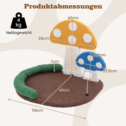 Kratzbaum in Pilzoptik mit Katzenbett &amp; Sisalkratzbrett &amp; Federball &amp; Kopfstütze Katzenbaum