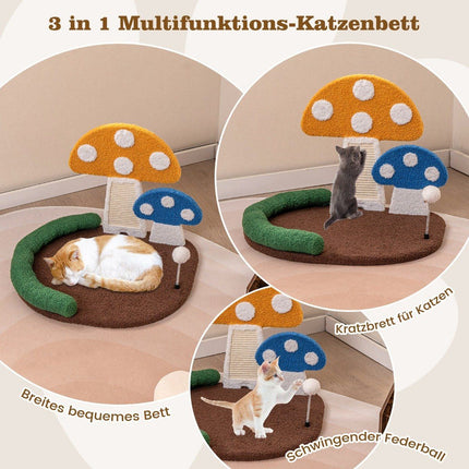 Kratzbaum in Pilzoptik mit Katzenbett &amp; Sisalkratzbrett &amp; Federball &amp; Kopfstütze Katzenbaum