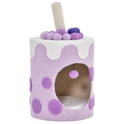 Scratching post, scratching barrel in milk tea shape with sisal posts & dangling ball toy purple