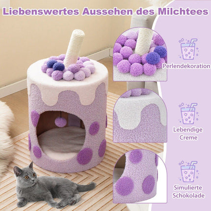 Scratching post, scratching barrel in milk tea shape with sisal posts & dangling ball toy purple