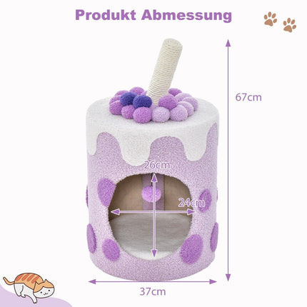 Scratching post, scratching barrel in milk tea shape with sisal posts & dangling ball toy purple