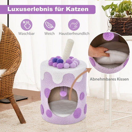 Scratching post, scratching barrel in milk tea shape with sisal posts & dangling ball toy purple