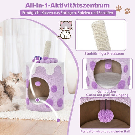 Scratching post, scratching barrel in milk tea shape with sisal posts & dangling ball toy purple