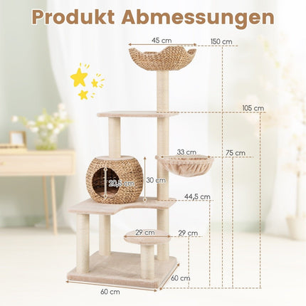 Kratzbaum mit Katzenhöhle 150 cm hoch Katzenbaum mit Hängematte bis 10 kg Beige + Natur