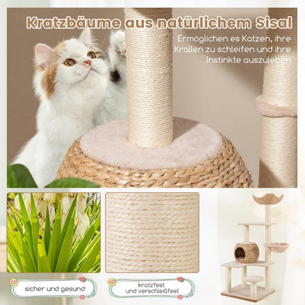 Kratzbaum mit Katzenhöhle 150 cm hoch Katzenbaum mit Hängematte bis 10 kg Beige + Natur