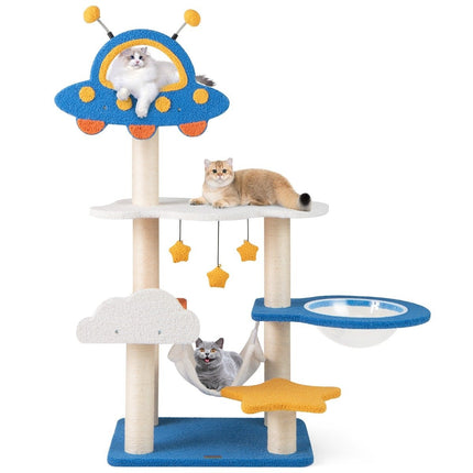 Arbre à chat sur le thème de l'espace, capsule spatiale et griffoirs en sisal. Arbre à grimper multicouche.