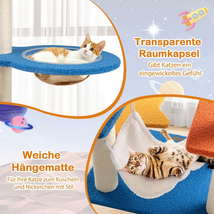Arbre à chat sur le thème de l'espace, capsule spatiale et griffoirs en sisal. Arbre à grimper multicouche.