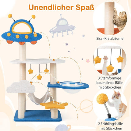 Arbre à chat sur le thème de l'espace, capsule spatiale et griffoirs en sisal. Arbre à grimper multicouche.
