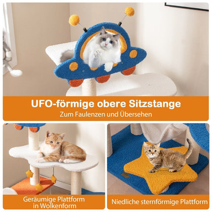 Arbre à chat sur le thème de l'espace, capsule spatiale et griffoirs en sisal. Arbre à grimper multicouche.