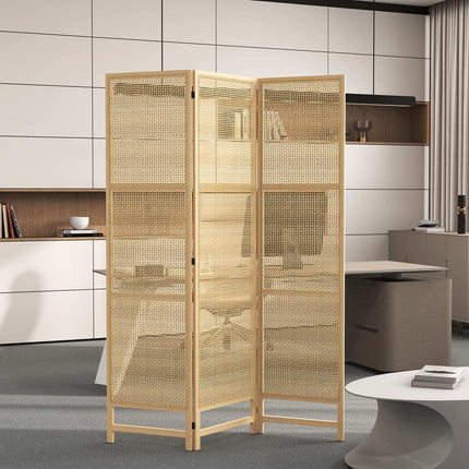 Paravent 3 parties 135 x 180 cm, séparateur de pièce pliable en rotin PP, brise-vue pour salon, couleur naturelle