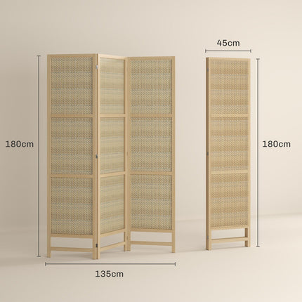 Paravent 3 parties 135 x 180 cm, séparateur de pièce pliable en rotin PP, brise-vue pour salon, couleur naturelle