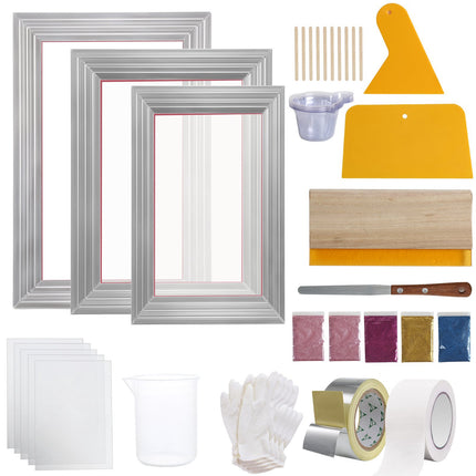 Screen Printing Kit, 3 Aluminum Frames 110 Mesh, Squeegee